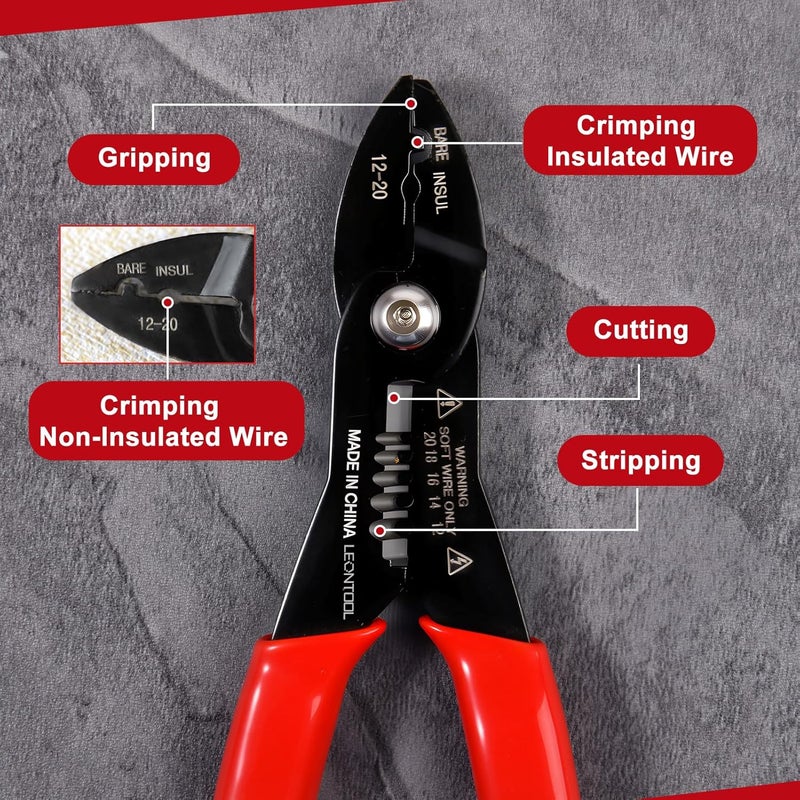 LEONTOOL 4-in-1 Multi Purpose Electricians Pliers with Wire Cutter, Crimper, Gripper, Stripper| 7" Compact Wire Stripper| Professional Wire Crimping Tool for 12-20 AWG Insulated & Non-Insulated Wires - Image 3